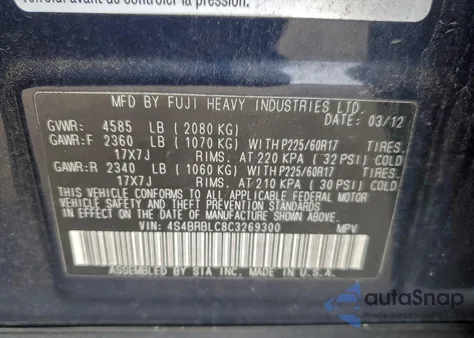 2012 Subaru Outback 2.5I Limited из США, поврежденный, VIN 4S4BRBLC8C3269300